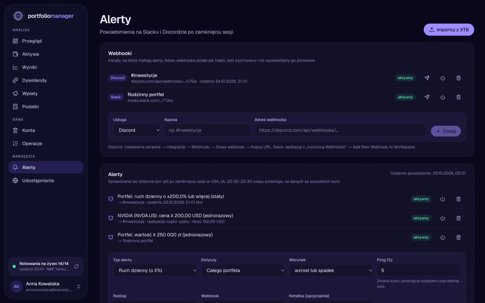Alerts tab with Discord and Slack webhooks and alert rules